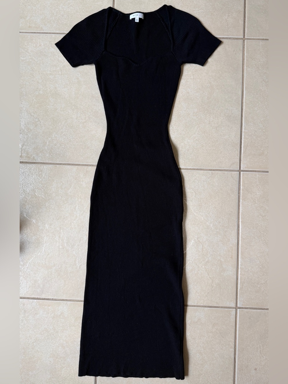 Better Be Black Ribbed Knit Midi Dress Short Sleeve Sweetheart Neck Size S Small